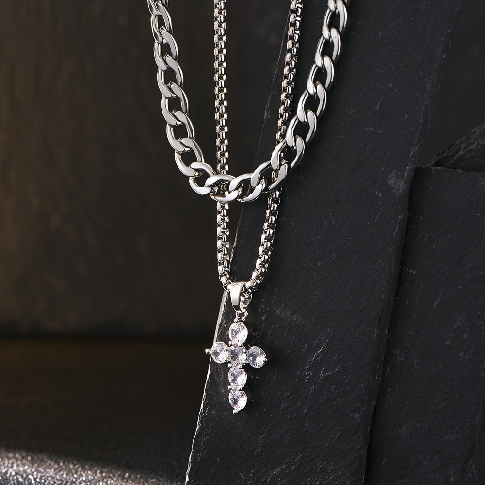 2pcs Minimalist Stacking Necklace Set with Cubic Zirconia Cross